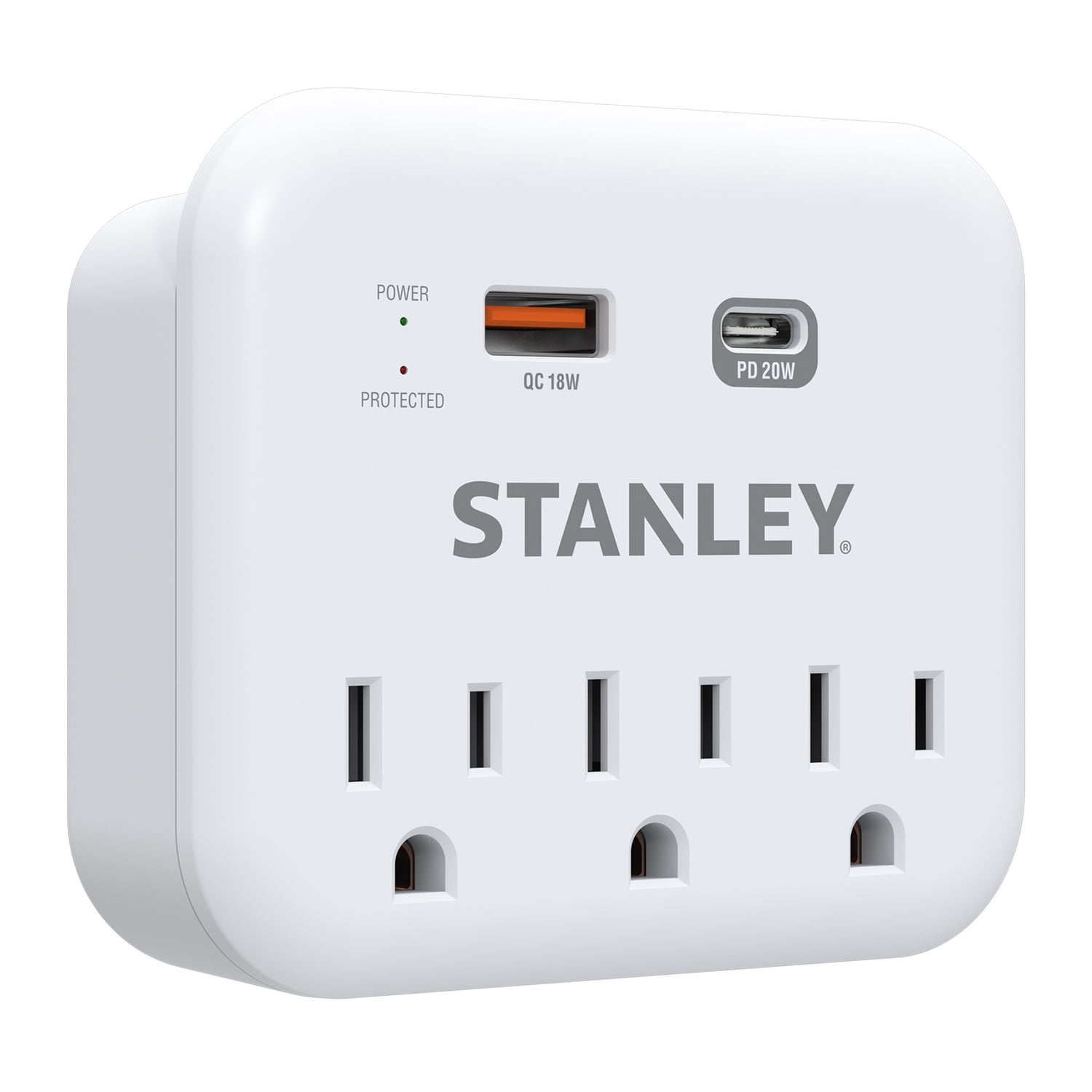 STANLEY 3-AC Outlet 2-USB Port 600-Joules SurgePro 3 USB Extreme Surge Protector Wall Tap with PD Fast Charging and Integrated Phone Shelf, 30423