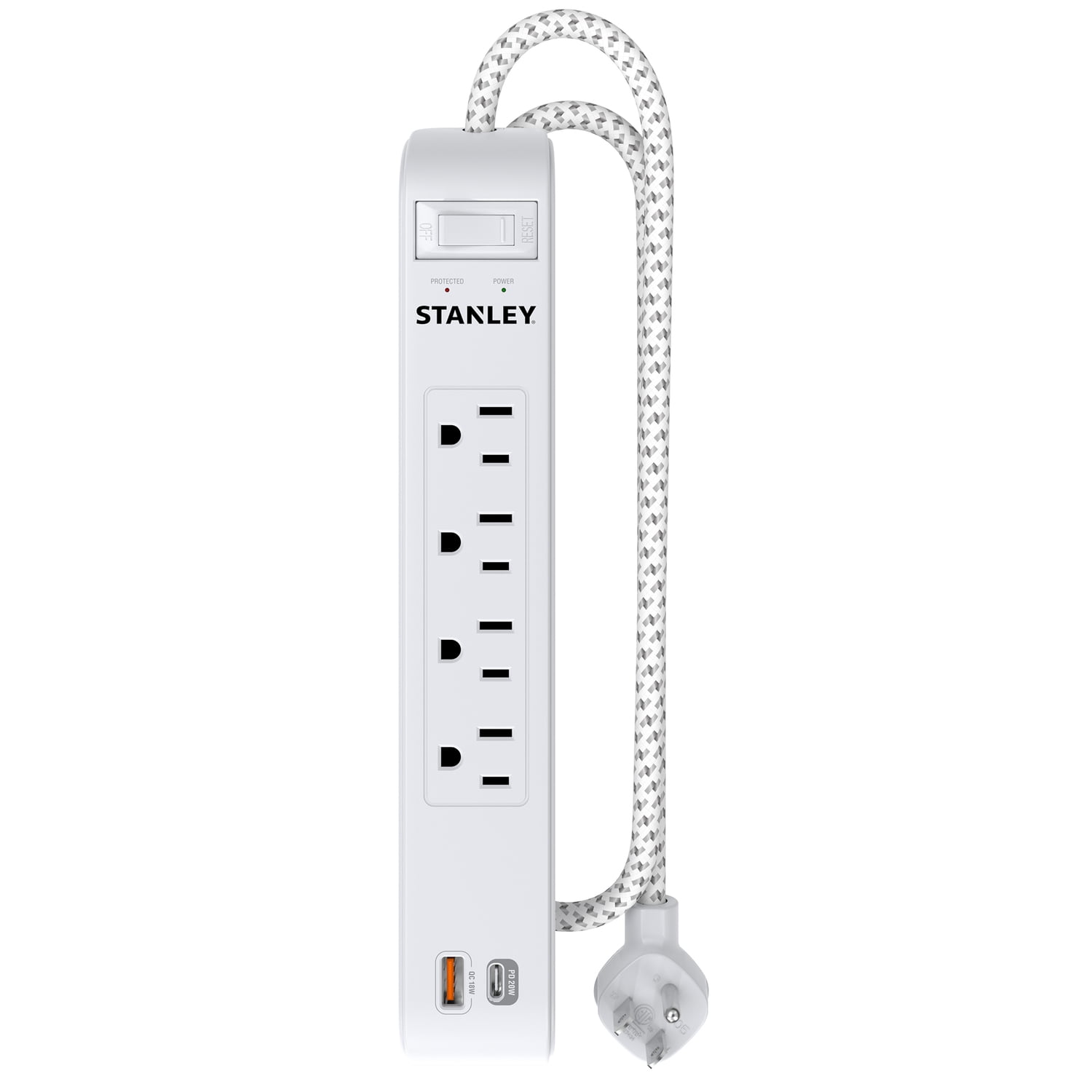 STANLEY 4-AC Outlet 2-USB Port 600-Joules SurgeMax Surge Protector Power Strip with PD, 6-Ft. Fabric-Braided Cord with Low-Profile Plug, 33253