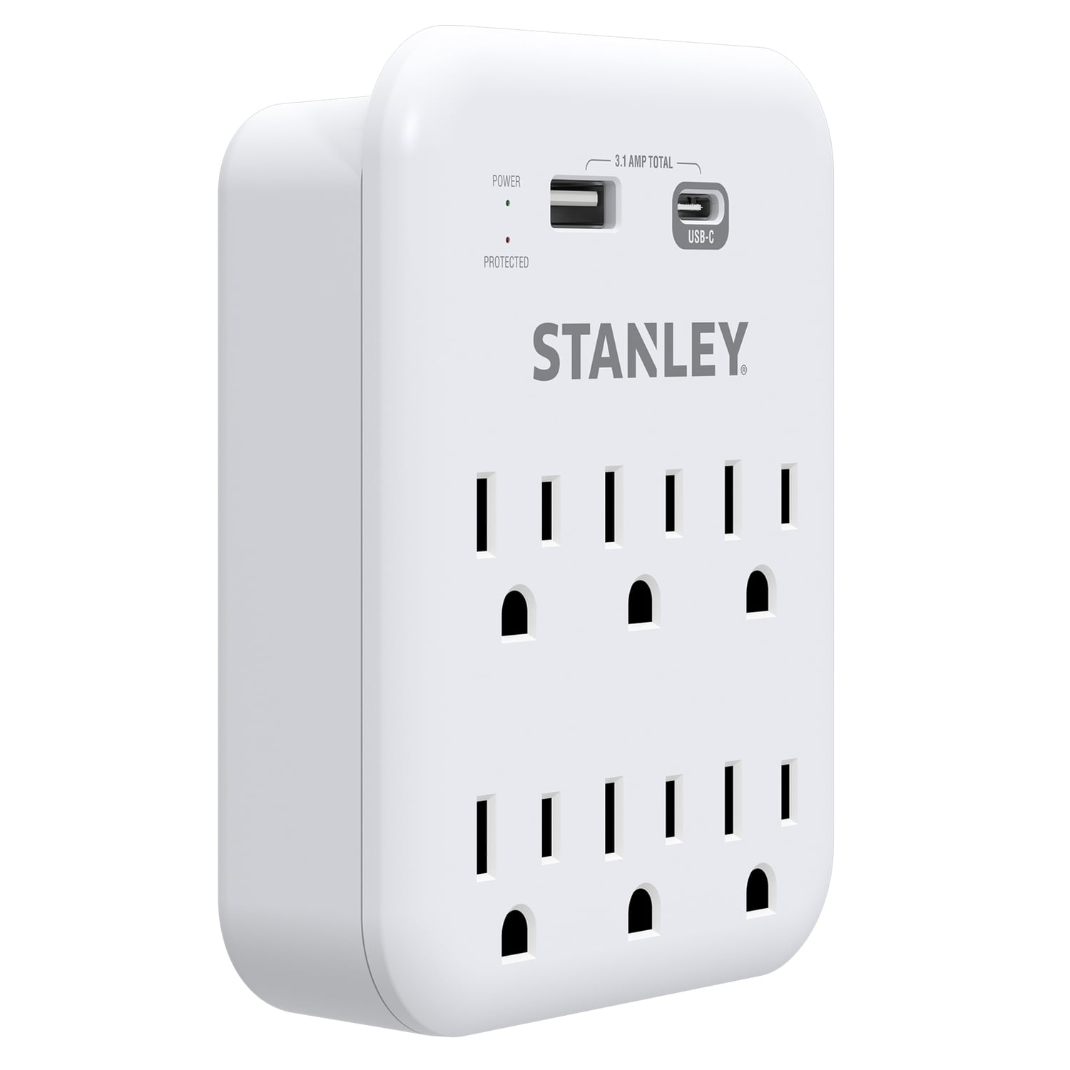 STANLEY 6-AC Outlet 2-USB Port 1,200-Joules SurgePro 1200 USB Extreme Surge Protector Wall Tap Adapter with Integrated Phone Shelf, 30426