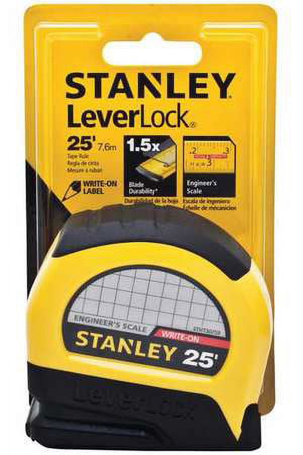 Stanley Tape Measure: 25 ft Tape Lg, 1 in Tape Wd, Plastic Case, Polymer, 7 ft Standout Lg, Auto, Yellow Tape, SAE, inch