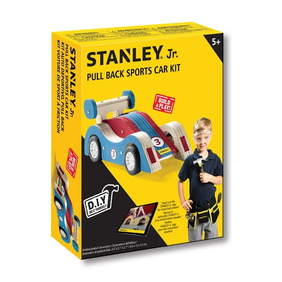 STANLEY Jr. DIY Pull Back Sports Car Building Kit for Kids Wood Racer W/ 5 Pcs Tool Set Beginning Woodworking Set with Paints, Ages 5 to 12