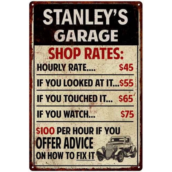 STANLEY'S Garage Shop Rates Sign Man Cave Decor 8 x 12 High Gloss Metal 208120010109