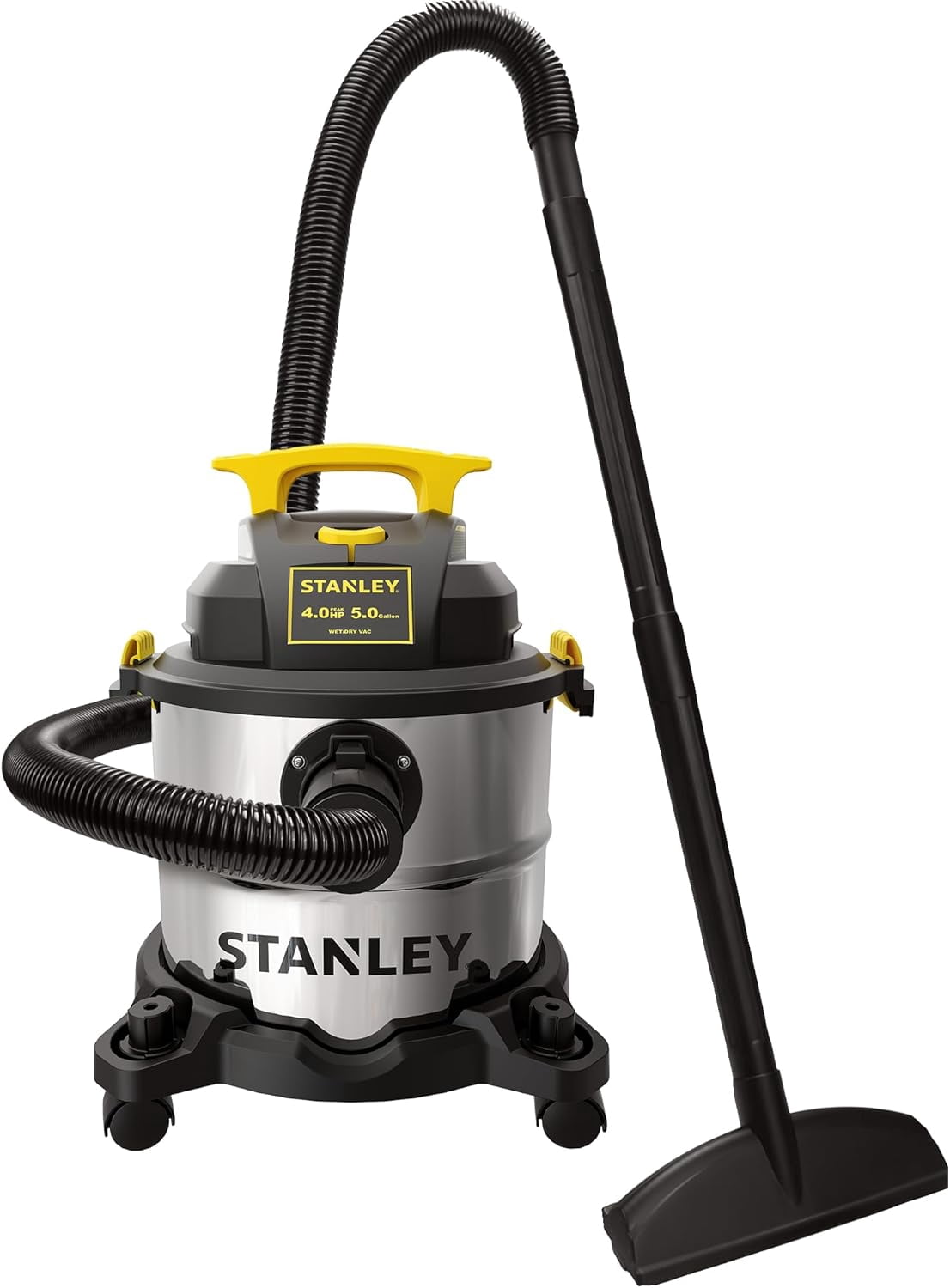 STANLEY Wet/Dry Vacuum SL18115, Stainless Steel Tank, 5 Gallon 4HP Shop Vacuum, Portable Style Ideal for Home/Shop/Jobsite Dust Collection Job with Vacuum Attachments, Silver+Yellow