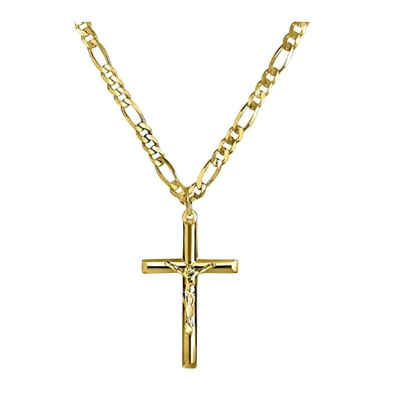 STAOEDU 14k Gold Filled Solid Beveled Edge Embossed Cross Necklace for Men 14K Gold Filled Chain Pendant Necklace(24in )