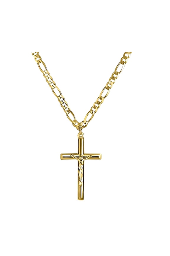 14k Gold Filled Solid Beveled Edge Embossed Cross Necklace for Men 14K Gold Filled Chain Pendant Necklace(24in )