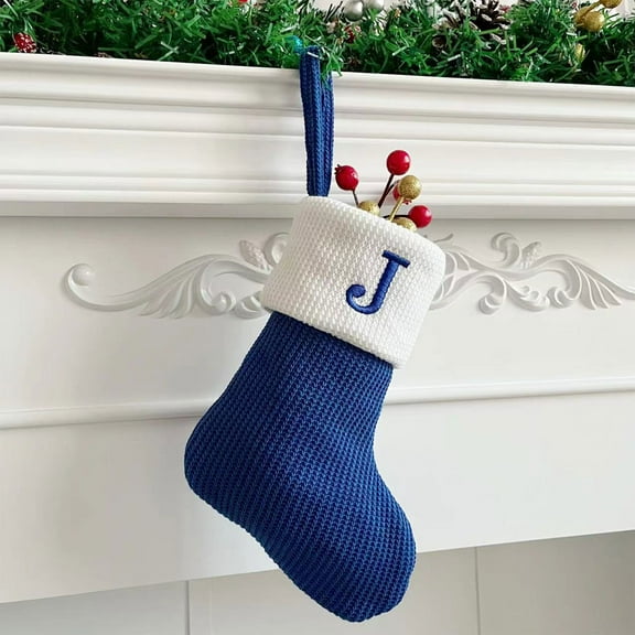 STAOEDU 6.6in Monogram Christmas Stockings Blue Velvet with White Cuff Embroidered Xmas Stockings Classic Personalized Stocking Decorations for Family Holiday Season Decor