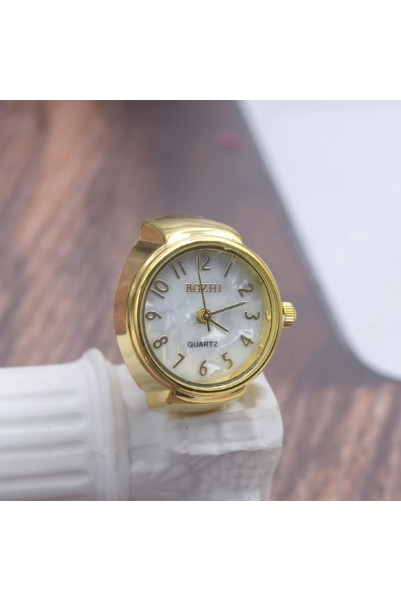 Gold Print Crystal Cover Ring Watch with Expansion Stretch Stainless Steel Band One Size Fits Most