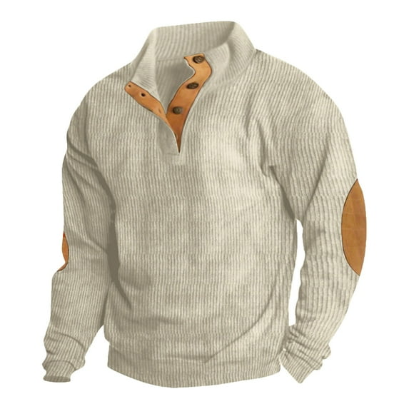 STAOEDU Mens Corduroy Shirt Lapel Collar Button Up Pullover Mock Neck Long Sleeve Sweaters with Elbow Patches