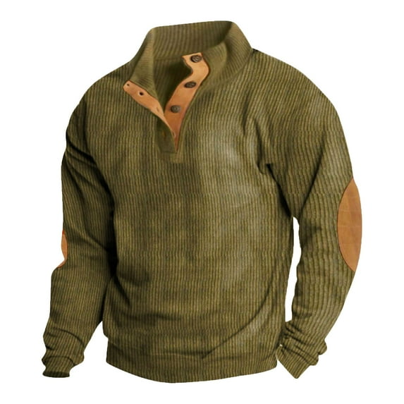 STAOEDU Mens Corduroy Shirt Lapel Collar Button Up Pullover Mock Neck Long Sleeve Sweaters with Elbow Patches