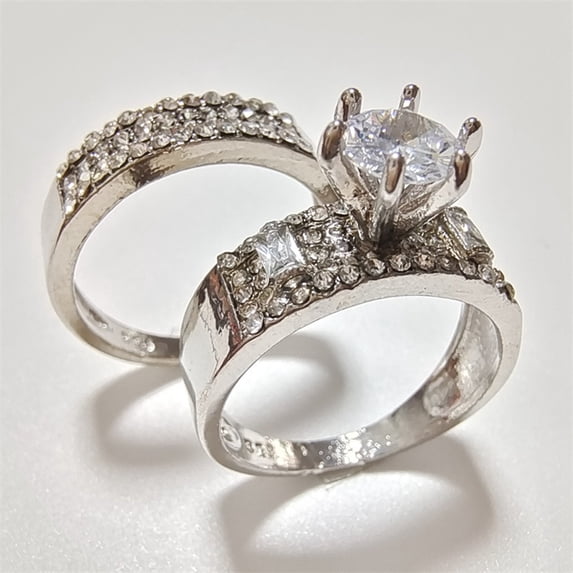 STAOEDU Silver Ladies 2-Piece Diamond Engagement Wedding Ring Set Rhodium Finish