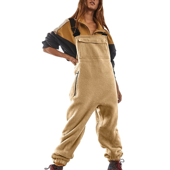 STAOEDU Warm Fleece Overalls for Women Winter Fuzzy Jumpsuits Adjustable Strap Sleeveless Fluffy Pants with Pockets