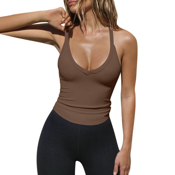 STAOEDU Women Spaghetti Deep V Neck Ribbed Tank Tops Slim Fitted Camisole Basic Sleeveless Layering Shirts