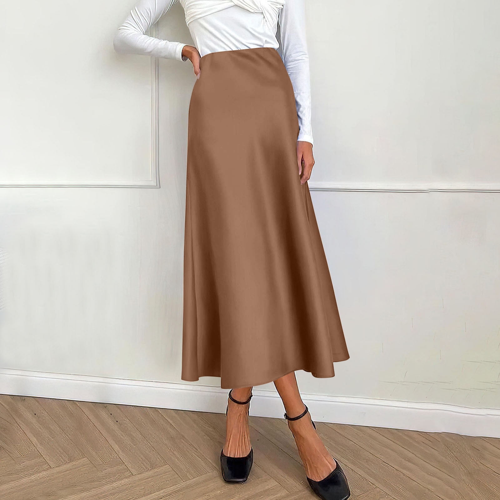 CFLONGE Women's Satin Midi Skirt – High Waist, Slit Design, Elegant For Spring Summer Weddings & Parties