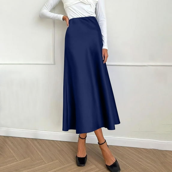 STAOEDU Women's Elegant Satin Skirt High Waist A Line Flowy Cocktail Party Flared Midi Skirts