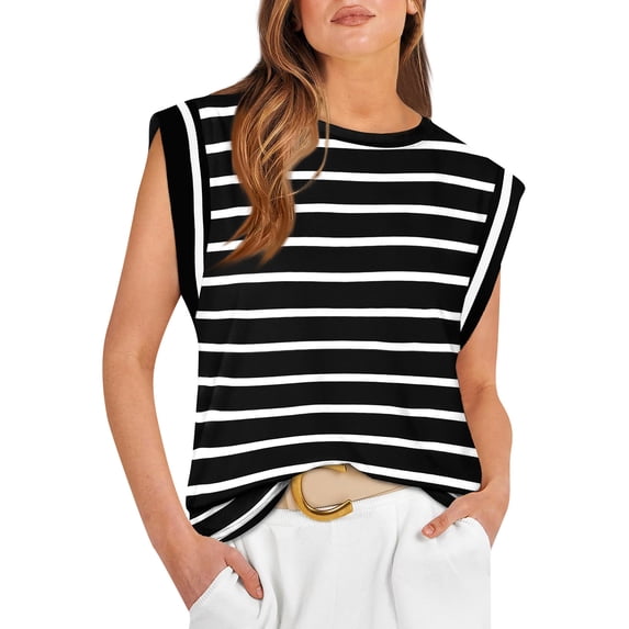 STAOEDU Women's Stripe Casual Cap Sleeve T Shirts Basic Summer Tops Loose Solid Color Blouse
