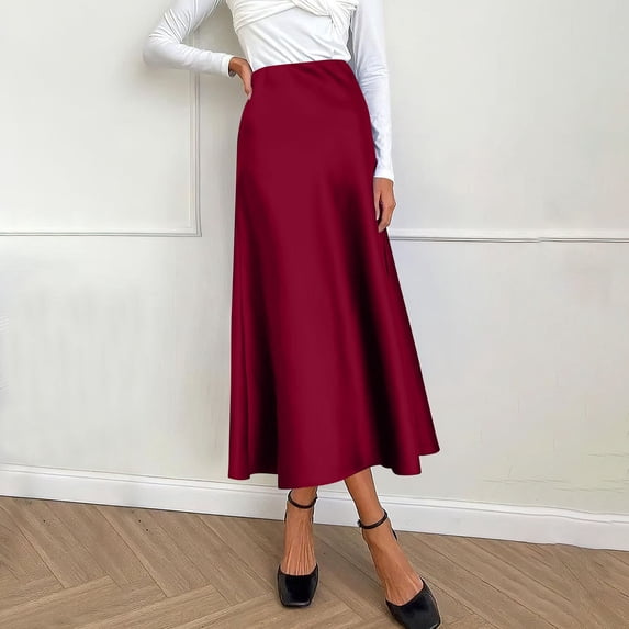 STAOEDU Womens Satin Skirts Casual Silk Midi Skirt High Waisted Long Skirts Zipper Elegant Work Skirts