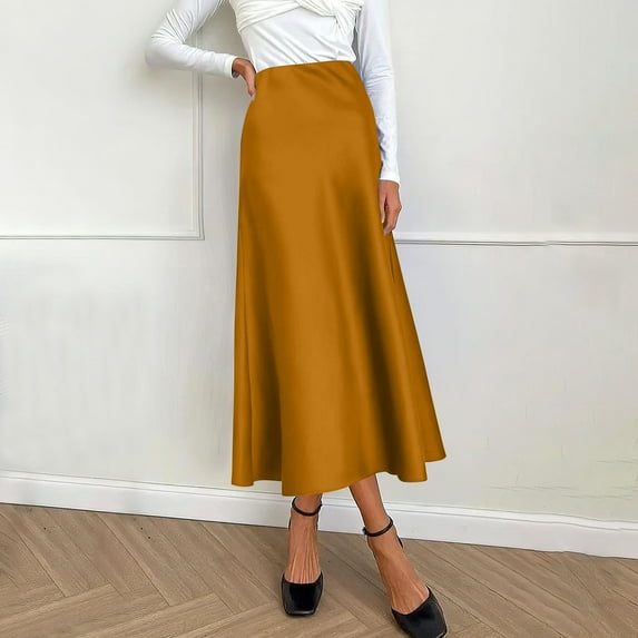 STAOEDU Womens Satin Skirts Casual Silk Midi Skirt High Waisted Long Skirts Zipper Elegant Work Skirts