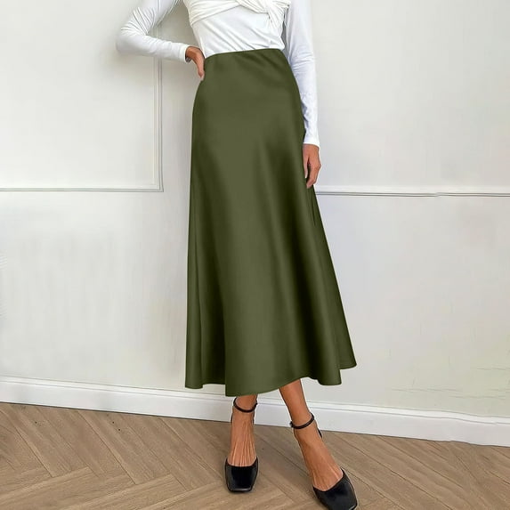 STAOEDU Womens Satin Skirts Casual Silk Midi Skirt High Waisted Long Skirts Zipper Elegant Work Skirts