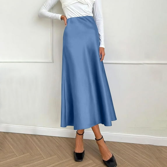 STAOEDU Womens Satin Skirts Casual Silk Midi Skirt High Waisted Long Skirts Zipper Elegant Work Skirts