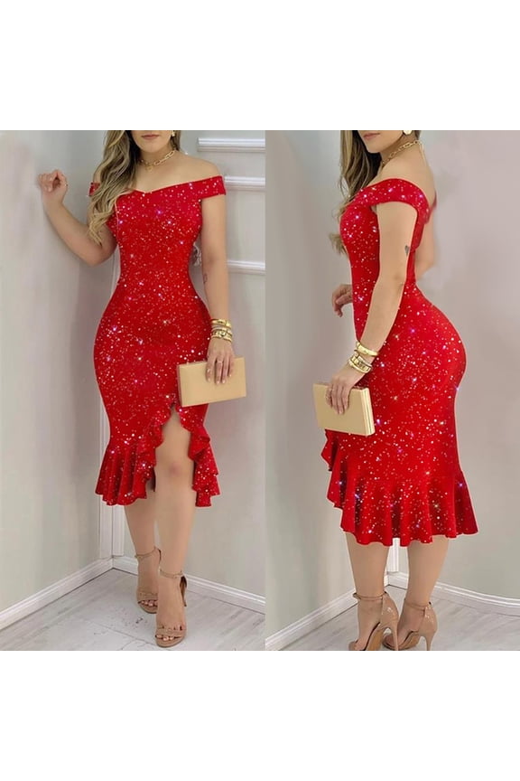 Womens Sequin Dress Sparkly Glitter One Shoulder Party Club Dress
