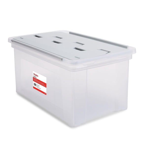 STAPLES Hanging File Folder Box, Storage Bin Organizer, Wing Lid, Letter Size Documents, Gray/Clear