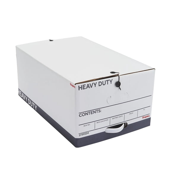 STAPLES Heavy Duty File Box, String and Button Lid, Legal, White/Gray, 4/Pack