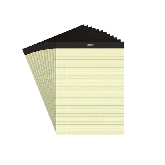 STAPLES Legal Pads, 8.5 x 11.75, Wide Ruled, Yellow, 50 Sheets/Pad, 12Pack