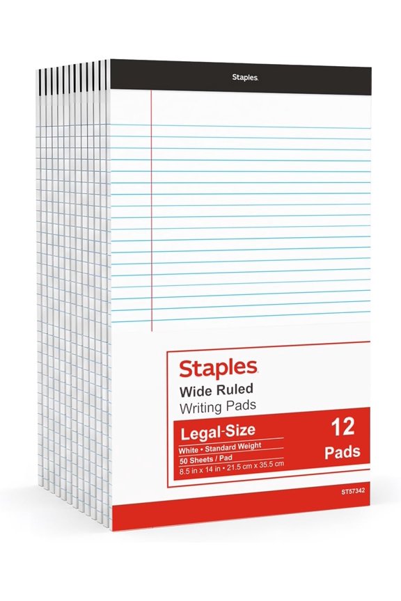 STAPLES Legal Pads, 8.5” x 14”, Wide Ruled, 50 Sheets/Pad, 12‑Pack
