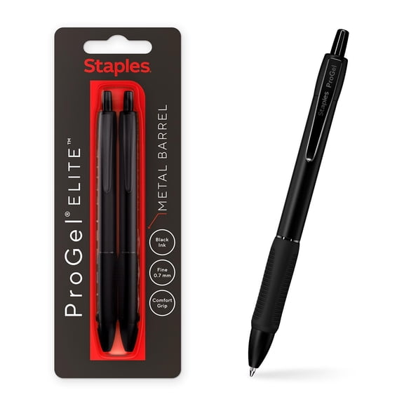 STAPLES Retractable Gel Pens, Fine Point 0.7mm, Black Ink, 2 Pack  ProGel Elite QuickDry Pens with Metal Barrel for Office Use