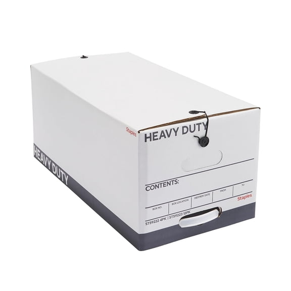 STAPLES Storage & Filing Box, Heavy-Duty with Handles & String-Button Lid, Letter Size Documents, Stackable, 4-Pack, White/Gray