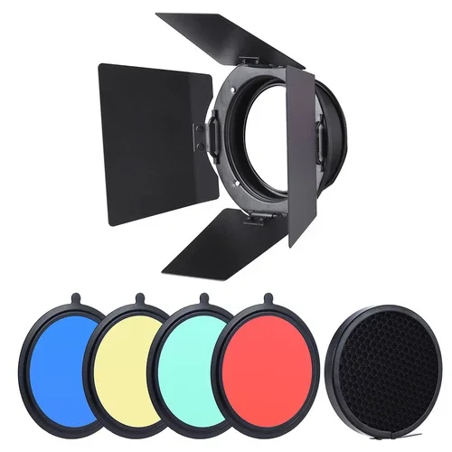 STAR- Barn Door & Honeycomb Grid & 4 Color Gel Filters For Standard Reflectors E1W5