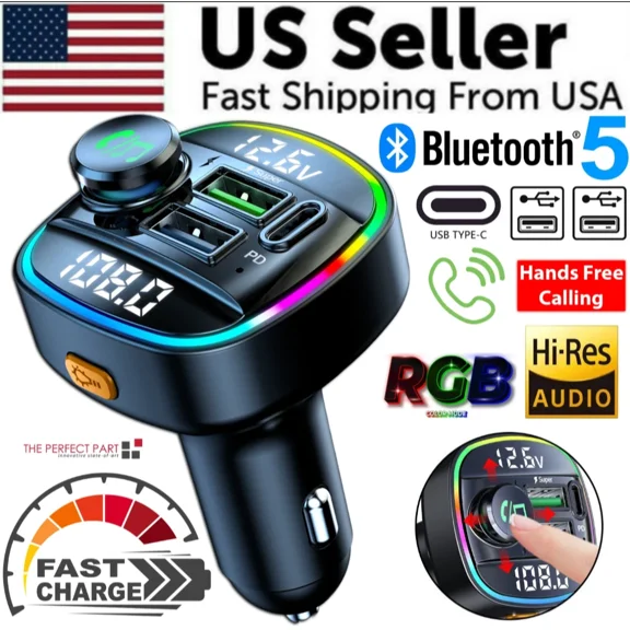 STAR- Bluetooth 5.0 Car Wireless Fm Transmitter Adapter Usb Pd Charger Aux Hands Free