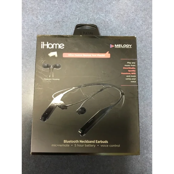 STAR- Ihome Bluetooth Neckband Earbuds W/ Voice Control, Black, Ib82B - Brand New