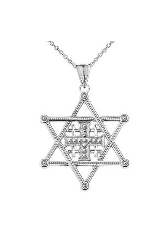 STAR OF DAVID JERUSALEM CROSS PENDANT NECKLACE IN WHITE GOLD