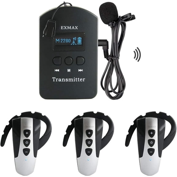 EXMAX EXD-6824 2.4G Wireless Voice Audio Transmission Tour Guide System for Churches Interpreter Translation Business Visting Convention Teaching Training Private Talking (1 Transmitter 3 Receivers)