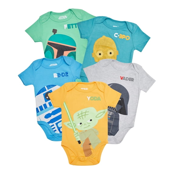 STAR WARS Baby Boys Bodysuit 5-Pack - Baby Bodysuits With Darth Vader, Boba Fett, Yoda, C-3PO, R2-D2 - Baby 6-9M