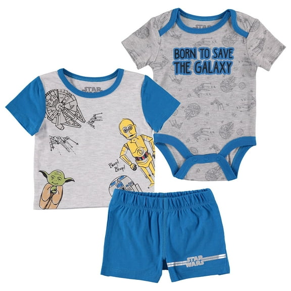 STAR WARS Baby Boys Bodysuit Shorts and T-Shirt Set - Baby Yoda Baby Clothes Grey/Navy, 3-6 Months