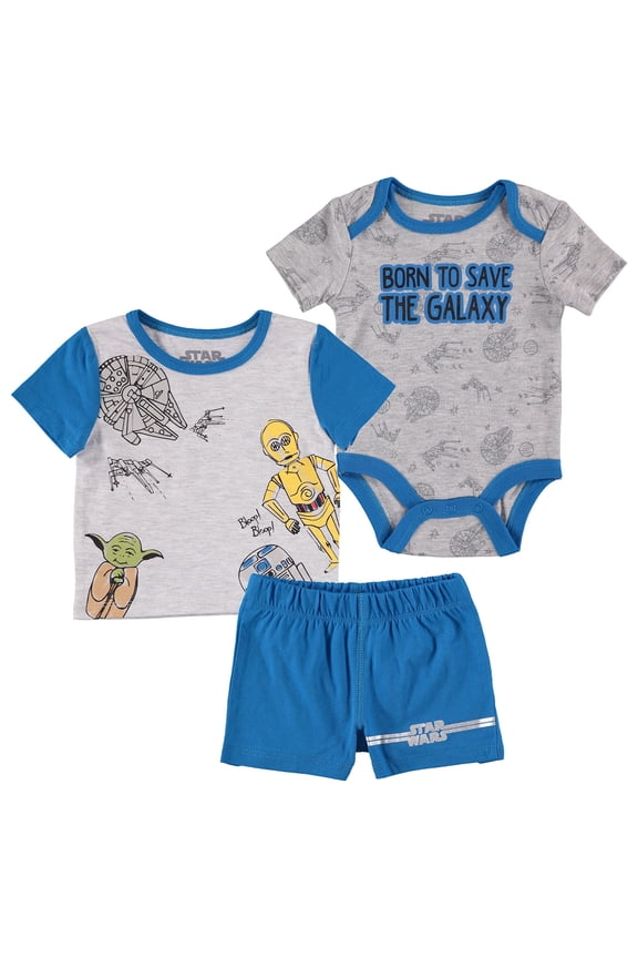 Baby Boys Bodysuit Shorts and T-Shirt Set - Baby Yoda Baby Clothes Grey/Navy, 6-9 Months