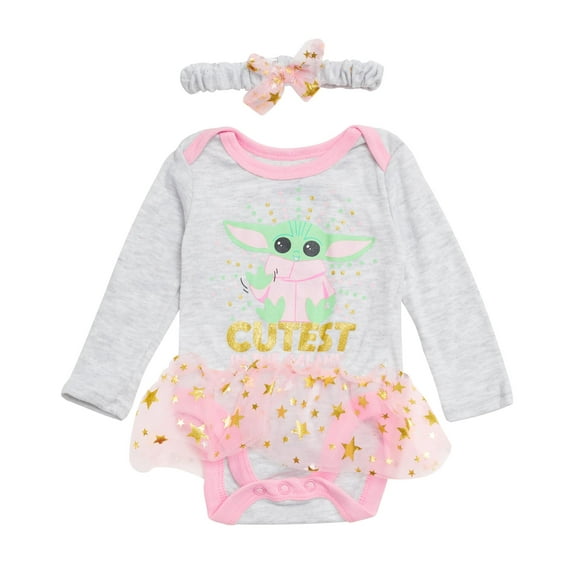 STAR WARS Baby Yoda Newborn Baby Girl Long Sleeve Bodysuit with Tutu and Headband Grey/Pink/Green, 6-9 Months