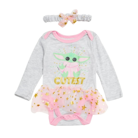 STAR WARS Baby Yoda Newborn Baby Girl Long Sleeve Bodysuit with Tutu and Headband Grey/Pink/Green, 6-9 Months