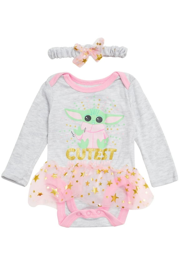 Baby Yoda Newborn Baby Girl Long Sleeve Bodysuit with Tutu and Headband Grey/Pink/Green, 6-9 Months