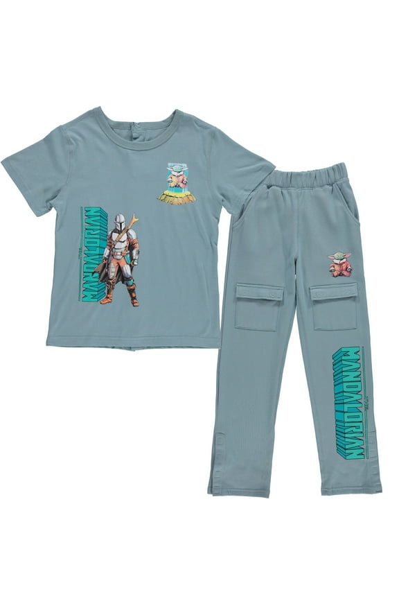 Boys Adaptive T-Shirt & Cargo Sweatpants Set, Mandalorian Clothing Little and Big Boys Sizes, Venice Teal, Medium