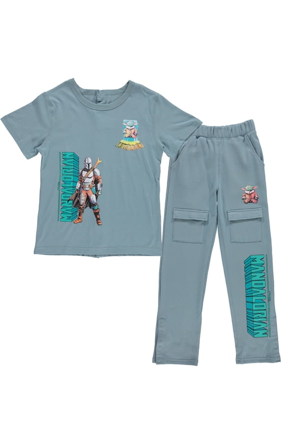 Boys Adaptive T-Shirt & Cargo Sweatpants Set, Mandalorian Clothing Little and Big Boys Sizes, Venice Teal, Small