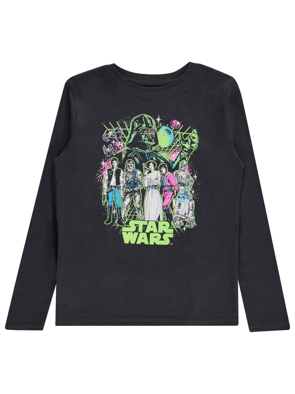 Boys Group Character Long Sleeve Crewneck T-Shirt Galactic Heroes Unite- Little and Big Boys Sizes XS-XL, Black, Medium