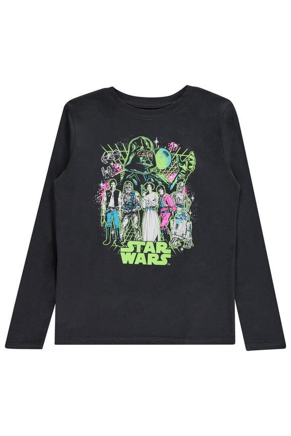 Boys Group Character Long Sleeve Crewneck T-Shirt Galactic Heroes Unite- Little and Big Boys Sizes XS-XL, Black, Medium