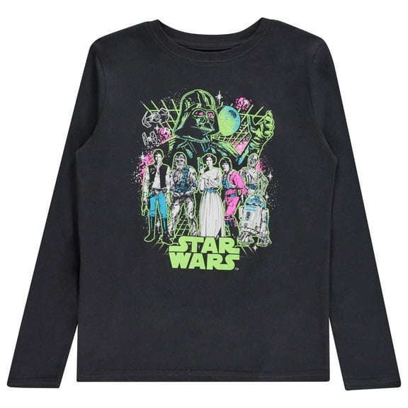 STAR WARS Boys Group Character Long Sleeve Crewneck T-Shirt Galactic Heroes Unite- Little and Big Boys Sizes XS-XL, Black, X-Large