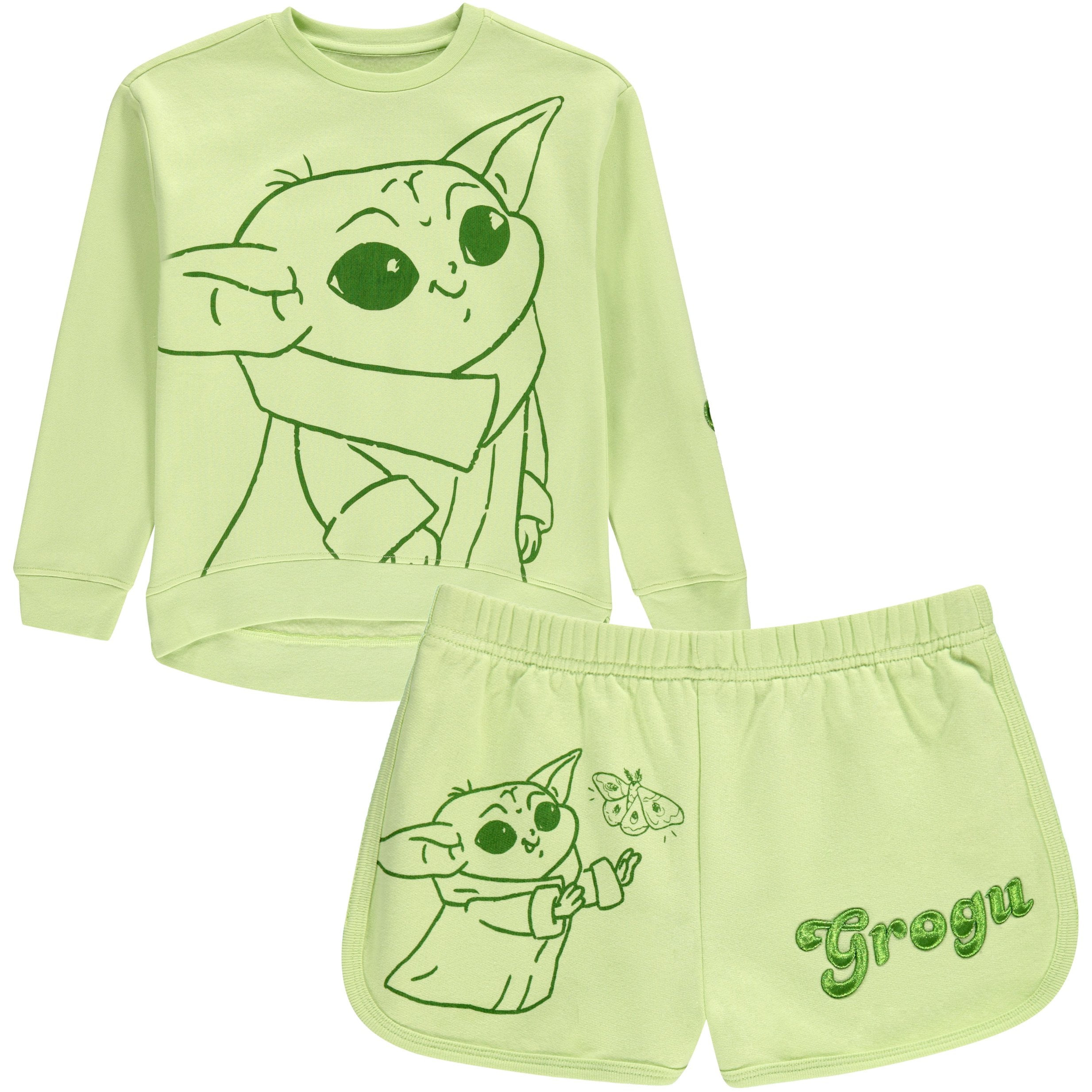STAR WARS Girls Baby Yoda Crewneck Sweatshirt and Shorts Clothing Set- Little and Big Girl Sizes 4-16, Green, 7-8