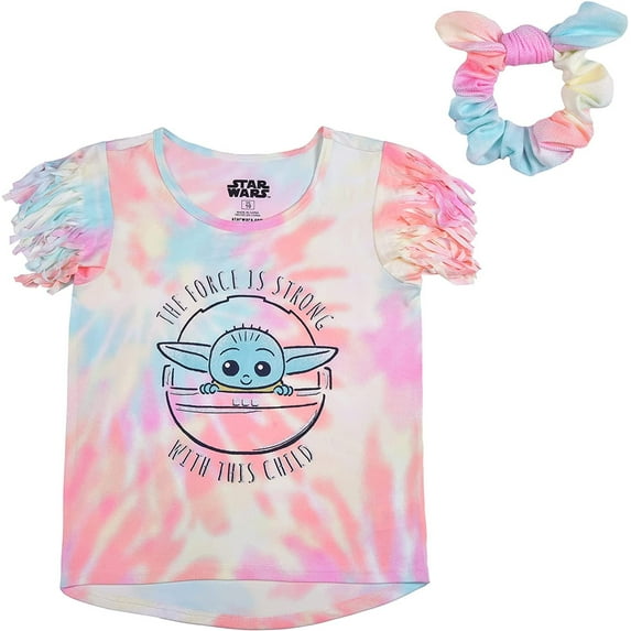 STAR WARS Lucasfilm Girl's Baby Yoda Fringe Sleeve Tee Shirt with Hair Bow Scrunchie