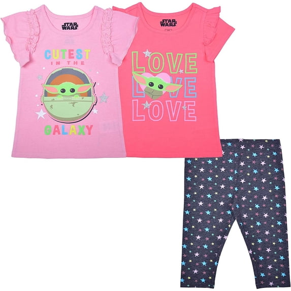 STAR WARS Lucasfilm The Child Girl's 3 Pack Baby Yoda Short Sleeves Tee Shirts and Leggings Set for Kids, 6X Pink