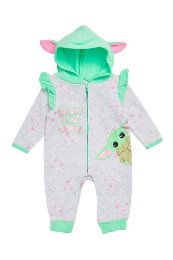 The Mandalorian Baby Girls Hooded Bodysuit - Baby Yoda Sweatshirt Fleece Zip Up One Piece Pink/Yellow, 12M